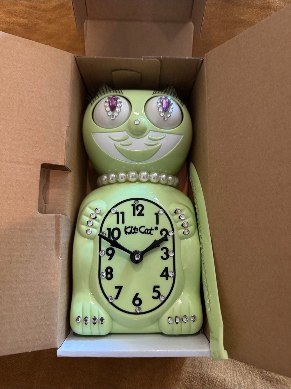 Lime Green Rhinestone Cat Clock with Pearl Collar